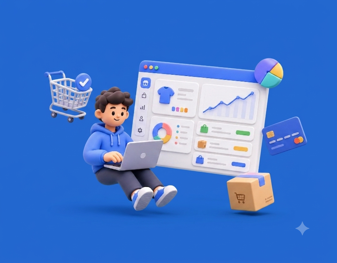 3D ilustrace: postavička spravuje e-shop na notebooku s létajícími balíčky a grafy